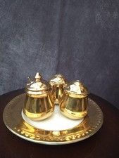 Vintage Royal Worcester Gold Lustre Fireproof Cruet Set Salt Pepper Mustard