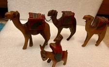 Vintage Hand Carved Olive Wood Donkey Rider & 3 Camels Nativity See Description 