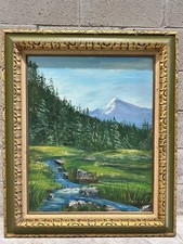 Large Vintage Oil on Canvas Landscape Mountain, Forest & Stream Signed Emily 77