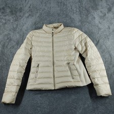 Zara Womens Jacket EUR Large Beige Puffer Down Rib Knit Side Zip Pockets