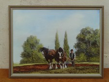 Vintage 1980s Framed Original Oil Painting of Shire Horses Ploughing