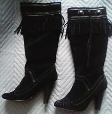 Morgan Fringed moccasin Boots Size UK 3 EU 36 Black Tassel Suede Heels Preloved
