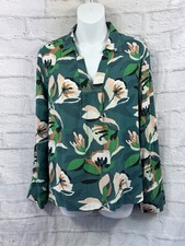 Trend Captain Tortue Blouse Size 12 Green Yellow Floral Silver Chain Trim Summer