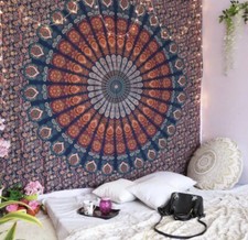 Indian Tapestry Wall Hanging Blue Navy Cotton Decor Curtains Mandala Throw Queen