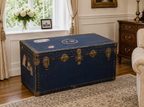 Vintage blue metal trunk - vintage,