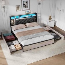 4FT6 Double Bed With Storage, Elegant Bed Frame With Concealed Headboard Storag
