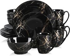 LOVECASA 16-Pieces Dark Blue/Black/White Porcelain Dinnerware Set Plate Bowl Mug