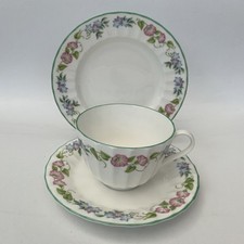 Vintage Royal Worcester English Garden Trio Cup Saucer Side Plate Set Green Edge