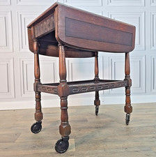 Vintage Tea Trolley Table Oak Drop Leaf On Castors - Wooden Serving Table Drinks