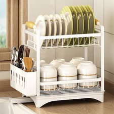 Kitchen Dish Drying Rack Bowls Drainer 2 Tier Strainer Holder Tray Wooden Handle