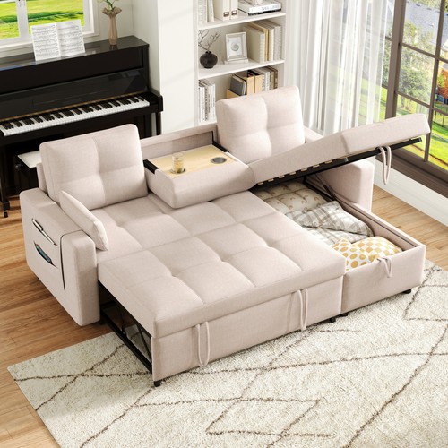 Shaped corner sofa - bed, beige