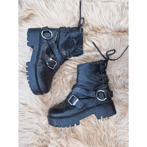 Black leather moto combat - black,
