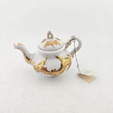 Miniature White China Teapot – Ornate Gold Scrollwork Design, Vintage Ornament
