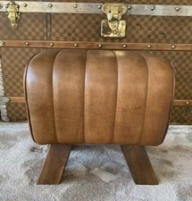 Brown Leather Stool / Footstool Wood Legs Pommel Horse Style Retro Vintage