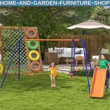 4 in 1 Metal Garden Swing Set with Slide Glider Ladder and Double Swings for Kid