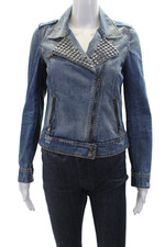 Zara Womens Cotton Studded Detail Zippered Pocket Denim Jacket Blue Size M