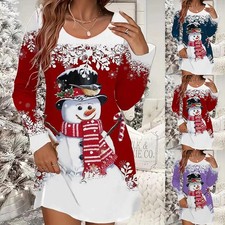 Womens Christmas Long Sleeve T Shirt Dress Xmas Party Snowman Mini Fancy Dresses