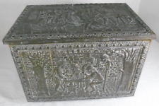 Vintage Embossed Brass and Metal Coal Box Log Kindling Tavern Scene Hinged Lid