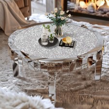 FATIVO Large Round Mirrored Coffee Table Beveled Bling Crushed Diamond End Table
