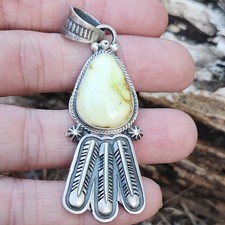 Palomino Variscite Navajo 3 Feather Pendant by Marita Benally sterling signed