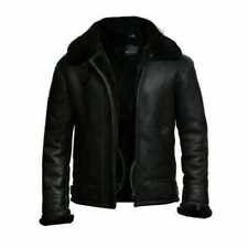 B3 RAF Black Aviator Flying Bomber Men's FUR Shearling Real Leather Jacket