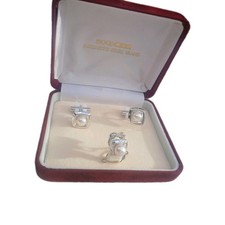 VINTAGE MIKIMOTO Pearl Island Silver Cufflinks Tie Pin Set Boxed Gift 🎁 Ready