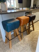 Leather Breakfast Bar Kitchen Counter Stool - Wood Legs Pommel Horse Style Seat