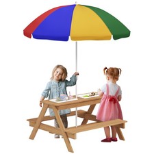 AIYAPLAY Wooden Kids Picnic Table, Sand and Water Table w/ Benches, Parasol