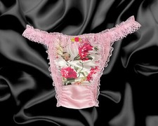 Baby Pink Satin Floral Silky Sissy Frilly Lace Bikini Tanga Knickers Briefs