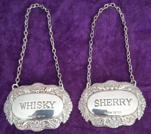 Pair silver decanter labels - decanter,