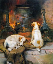 DOGS WARMING BY THE HEARTH FIRE ANIMAL PAINTING BY PHILIP EUSTACE STRETTON REPRO