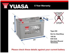 Car Battery YBX5334 Yuasa 250 830A 100Ah 5Yr WTY 303x174x222 Silver High Perf.