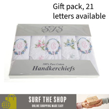 Gift Pack of 5 Ladies Initial Embroidered White Handkerchiefs with Satin Border