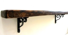 80CM HANDMADE DISTRESSED PLANK WOOD RUSTIC BROWN WAXED SHELF CAST IRON BRACKETS