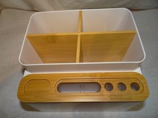 White Plastic Bamboo Stationary Storage Box Pen Pencil Holder Desk Organiser