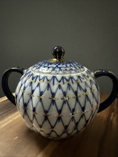 Vintage Ussr Russian LOMONOSOV porcelain Sugar Bowl Cobalt Net