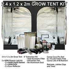 600W 2.4 x 1.2m Grow Tent Kit Inc Digital Grow Lights & Extraction Kit