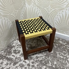 Vintage Wooden Foot Stool Step with A Yellow and Black Woven Seat 