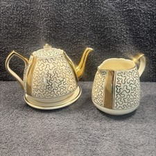 Rare Lingard Teapot + Stand with Creamer - Gold Swirl Pattern c.1930-1955