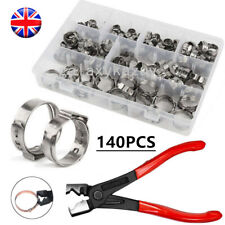 140x Single Ear Hose Clamps Assorted O Fuel Pipe Clip With Clamp Crimp Plier Set