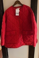 ZARA Oversized Collarless Red Quilted Water-Repellent Jacket - Size M *Pls Read*