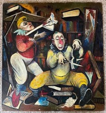 Vintage Clown Library Books Oil Painting Modern Art Wall Hanging Unknown Artist