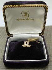 Vintage 14K 14ct Gold Tasaki Seed Pearl Tie Tack Lapel Tie Pin Boxed