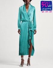 RRP€400 PINKO Midi Wrap Dress IT50 US14 UK18 3XL Blue Ruffle High Slit 