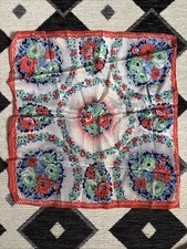 Vintage 40s 50s Ladies Handkerchief Square Floral Red Blue 30cm x 30cm