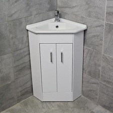 Corner Vanity Unit 2 Doors with Ceramic Basin White Gloss Finish Cloakroom En...