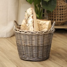 Wicker Lined Log Basket Classic Round Fireplace Storage Grey Woven Wood Handles 