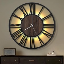 Maxstar 60cm Large Silent Wall Clock Modern Wood Style Roman Numerals Black