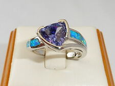 Ladies Fine 925 Solid Silver Trillion Cut Tanzanite Solitaire and Opal Ring