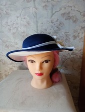 Vintage BERMONA TREND Navy hat with white flower trim Made in England